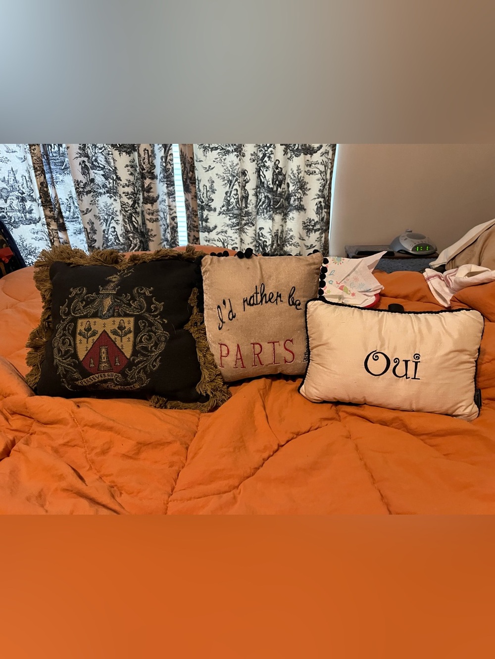 Vintage French-Inspired Pillow Trio | Paris, Oui & Heraldic Crest | Fringe